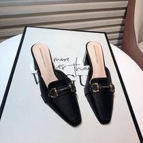 Hong Kong High heel Baotou Half slippers female 2023 Fall new Temperament Name Yuan Metal Buckle Square Head Coarse Heel Sandals