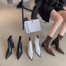 Tide Cards Single Boots Female elastic boots Thin Coarse Heels with Pointed Rice White Lacquer Leather Autumn Winter Bright Leather Martin boots Short boots