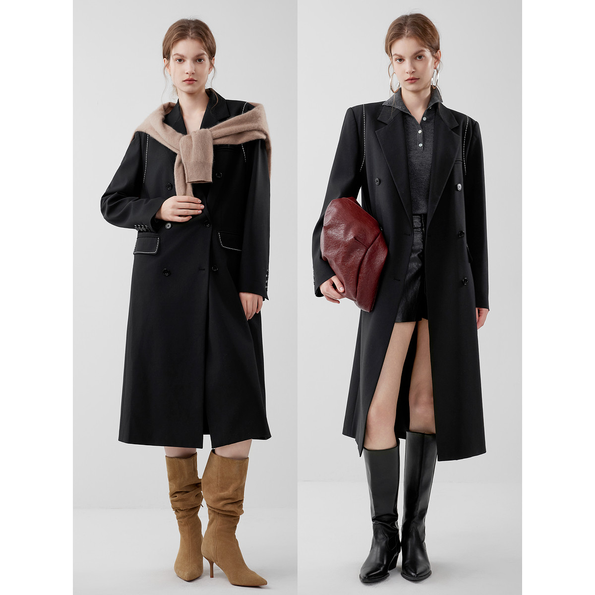 【自营】ELLE法式撞色廓形长款西装外套女2025秋新款正肩独特西服,淘宝优惠券,粉丝福利购,淘宝优惠卷