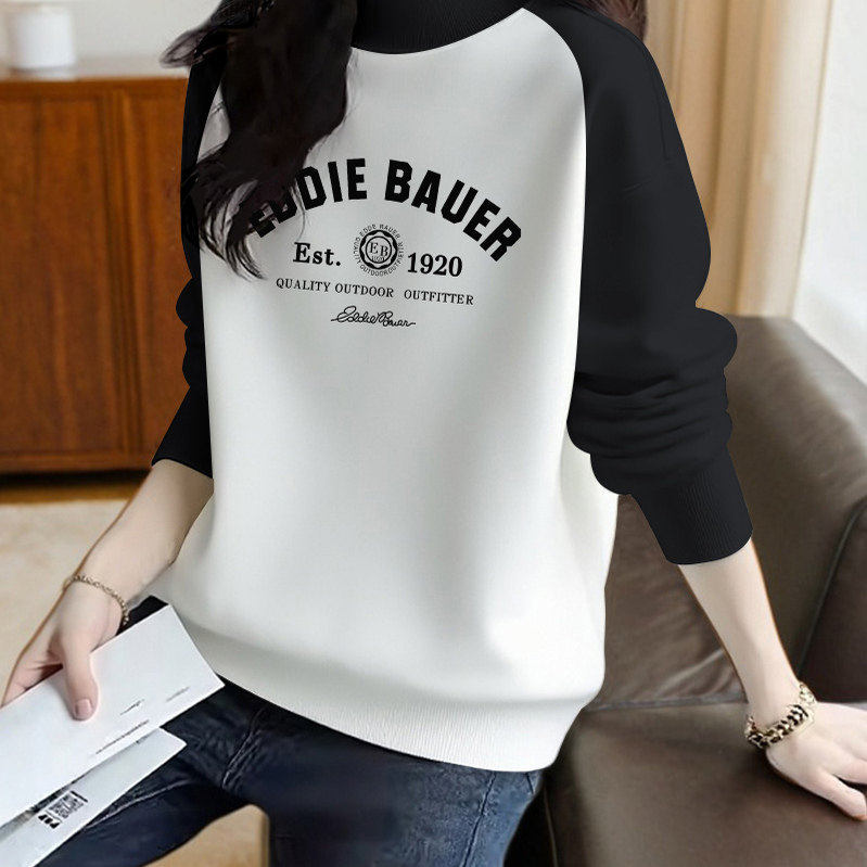 加绒加厚卫衣女秋冬新款宽松韩版设计感撞色插肩袖半高领套头上衣,淘宝优惠券,粉丝福利购,淘宝优惠卷