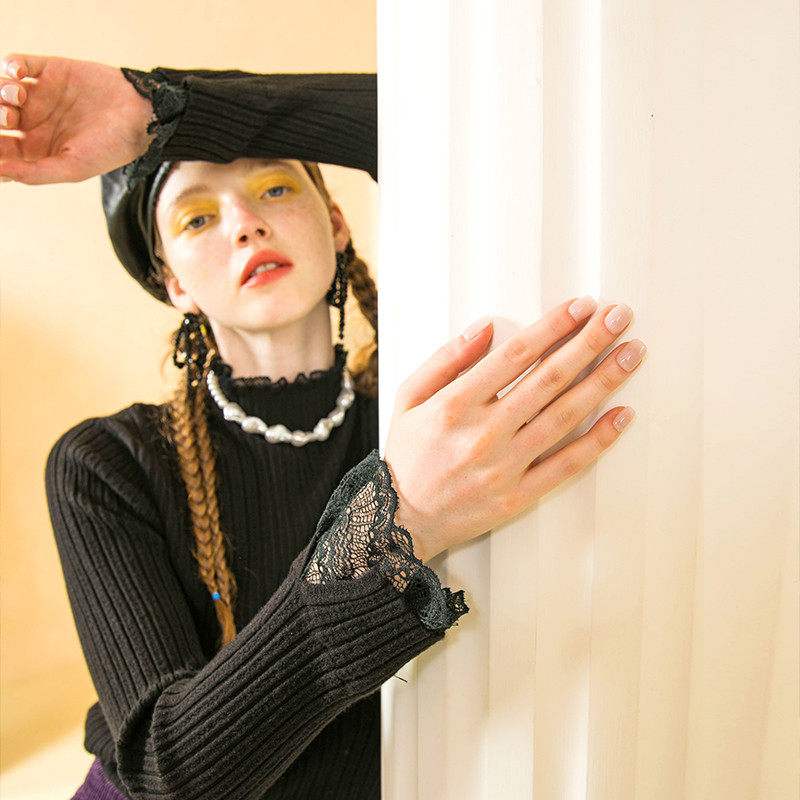 两三事内搭打底衫女秋冬季黑色针织毛衣半高领设计感蕾丝上衣青衫,淘宝优惠券,粉丝福利购,淘宝优惠卷