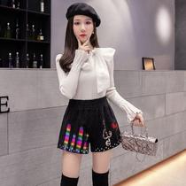 2023 Spring autumn season new Korean version black High waist printed shorts women outwear casual little sub-broadlegged boots pants women