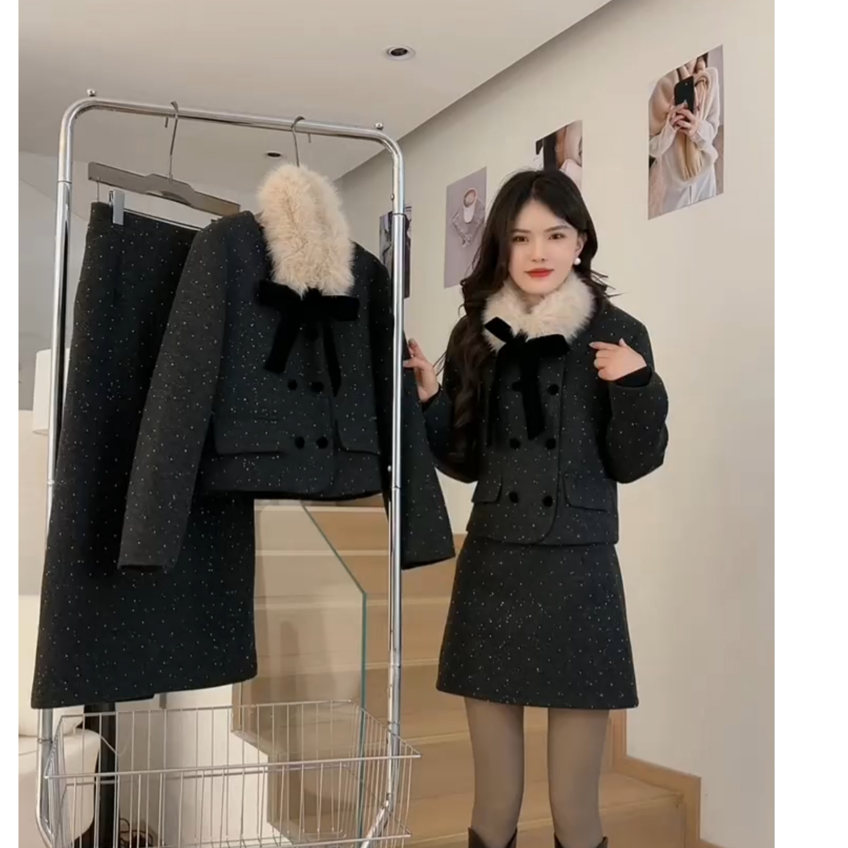 2025冬季新款加厚小香风毛呢女千金感蝴蝶结毛领外套半身裙两件套,淘宝优惠券,粉丝福利购,淘宝优惠卷