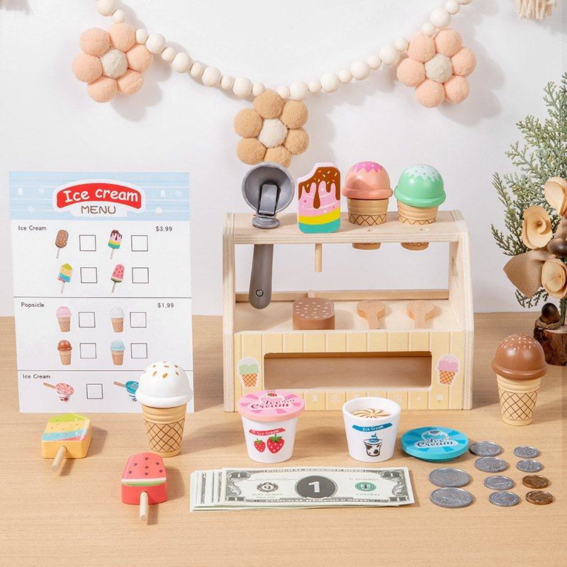 儿童木质仿真过家家雪糕冰淇淋售卖商店小卖部收银台角色扮演CE61,淘宝优惠券,粉丝福利购,淘宝优惠卷
