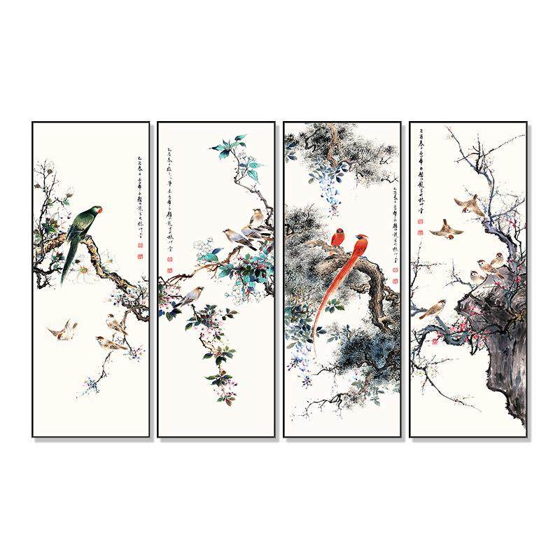 花鸟装饰画新中式书房茶室客厅沙发背景玄关挂画竖幅四条屏壁画,淘宝优惠券,粉丝福利购,淘宝优惠卷