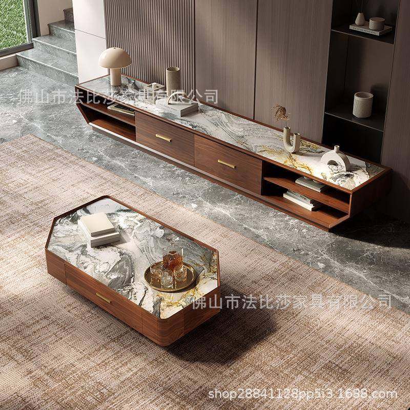 新中式乌金木岩板茶几电视柜简约现代客厅北美黑胡桃木色抽屉储物,淘宝优惠券,粉丝福利购,淘宝优惠卷