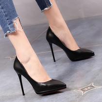 Hong Kong Waterproof Bench Positive Dress Interview Art vocational black High heel Shoe 2023 New pointed fine heel Single shoe woman