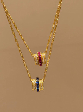 轻奢复古高级感越南沙金镶钻彩宝红刚玉蓝宝石仿真金小蛮腰项链女