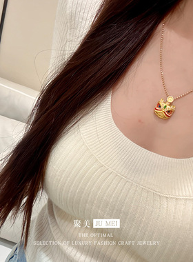 国潮镶钻珐琅彩醒狮吊坠项链配饰女轻奢高级感锁骨链越南沙金饰品