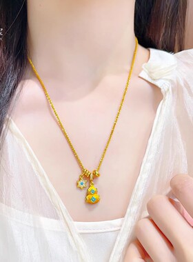 古法越南沙金珐琅彩蓝色六芒星扁葫芦项链拉丝花朵小福禄锁骨链女