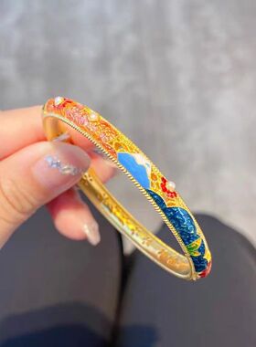 珐琅四富士山下越南沙金手镯女古法宫廷镶嵌手环中式复古锡金手饰