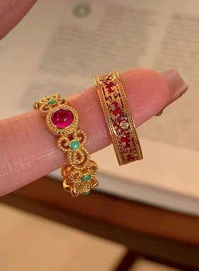 故宫风格越南沙金珐琅戒点钻活口戒女錾刻工艺轻奢高级感推拉食指