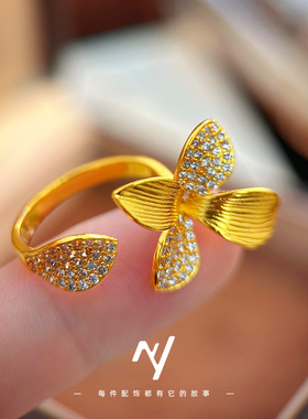 越南沙金百合花套装轻奢高级感千金风仿真黄金四叶花项链戒指耳钉