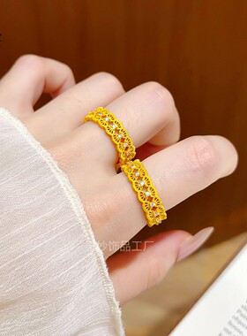 同款越南沙金镂空花丝点钻戒指精致高级感蕾丝开口指环女时尚百搭