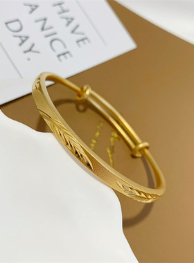 树叶羽毛磨砂镀黄金手镯女古法沙金首饰品久不掉色推拉手环镯子锡