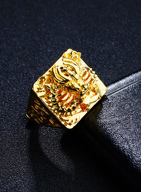 男士霸气沙金3D龙头开口戒指镀金貔貅方形戒指男款