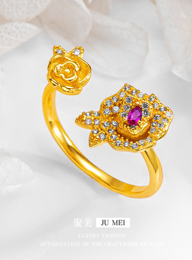 新中式复古微镶嵌锆石双生玫瑰花戒指高级感越南沙金轻奢黄金可