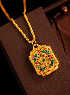 国潮民族风掐丝花丝烧蓝花牌吊坠越南沙金传承珐琅景泰蓝项链