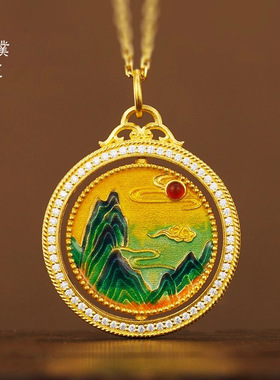 莫桑石千里江山转心配越南沙金吊坠手牌珐琅古画古法黄金项链