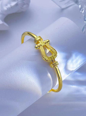 越南沙金马蹄推拉手镯女款小众回纹手环潮流手镯