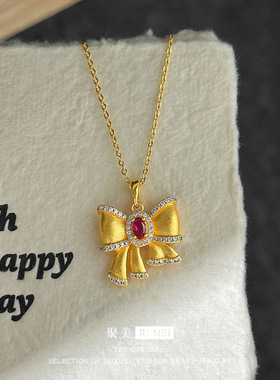 高级感在逃公主蝴蝶结红宝石吊坠女越南沙金古法金点钻蝴蝶结项链