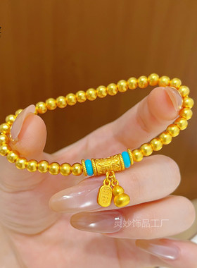 新中式古法越南沙金绿松福字纳福葫芦珠手链磨砂圆珠单圈百搭手串