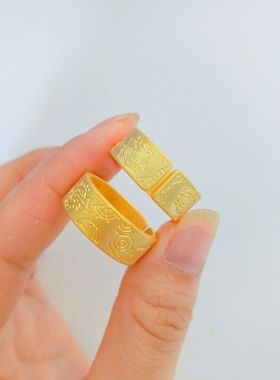 錾刻吉言吉祥八宝戒指越南沙金珍珠镍吉言开口锡金指环黄金手饰