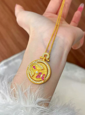 女轻奢镶钻双福蝶至蝴蝶项链新中式古法越南沙金转动蝴蝶吊坠锁骨