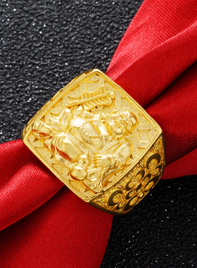 真金弥勒佛高沙金黄金戒指男沙金999纯金款式笑佛开口锡金戒