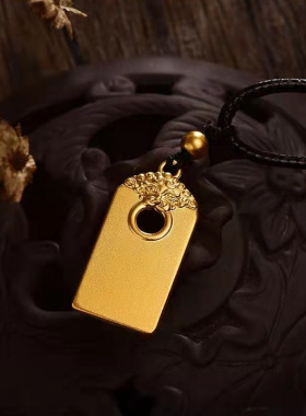 越南沙金古法瑞兽衔环无事牌吊坠黄金复古平安无事牌男女锡金项链