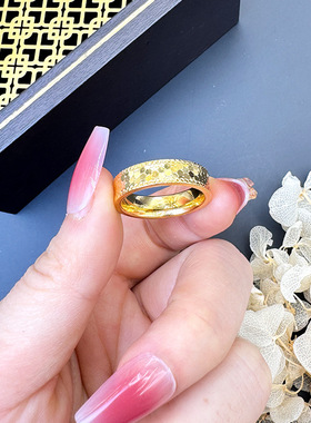 新品流行沙金蜂巢锡金戒指简约六边形小众轻奢鱼鳞网格黄金指环