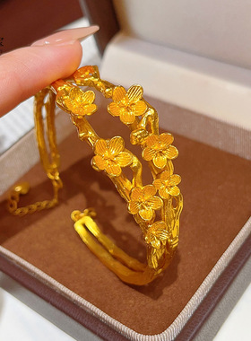 金店同款复古越南沙金拉丝双层桃花枝手镯錾刻桃之夭夭镯子精致送