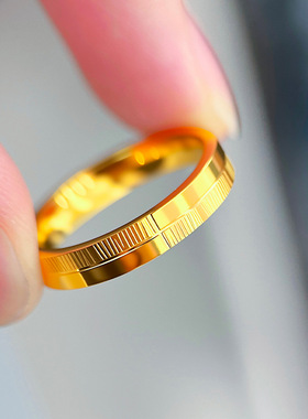 轻奢中古风设计感仿真金车花竖纹格子指环越南沙金情侣款戒指