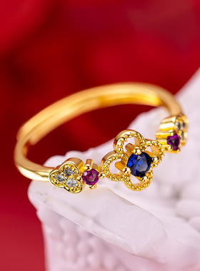 高级感网红四叶草沙金钻戒女款黄金小众百搭时尚四叶草活口戒指