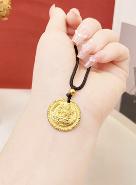 沙金福牌观音项链质感男女气质国风民族黄金风饰品吊坠锡金园牌链