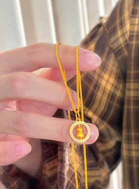 时来运转越南沙金古法金镶钻葫芦项链复古众设计颈链锁骨链毛衣链