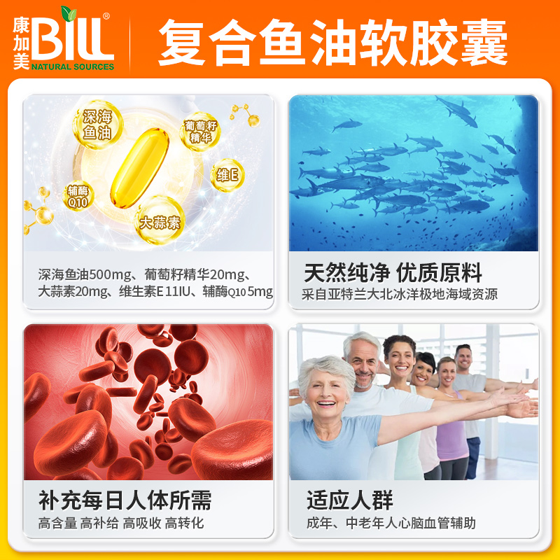 BILL北美复合鱼油软胶囊300粒/瓶 富含DHA 大蒜素 CoQ10 - 图0