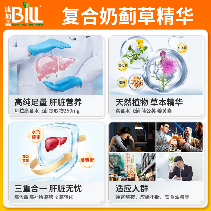 BILL北美复合肝润精华胶囊 水飞蓟奶蓟草 姜黄素 熬夜喝酒 加拿大 - 图0