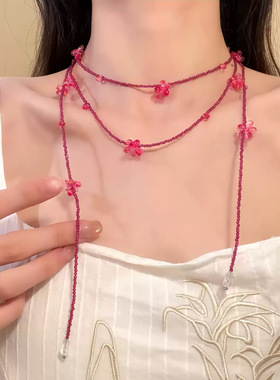 「春樱甜梦」玫粉花朵珠串项链