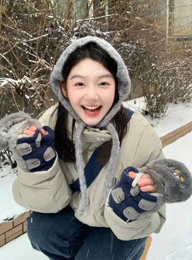 巴恩风灰色毛线针织帽系带耳罩女