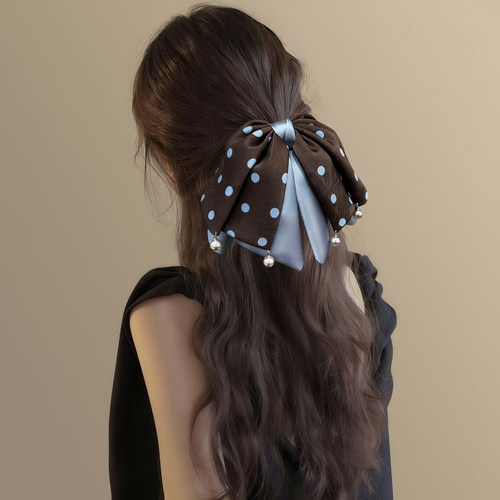 《迷迭热可可》法式缎面波点蝴蝶结马尾夹半扎发高级感鲨鱼夹盘发 - 图0