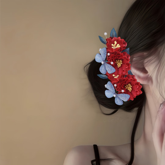 十里红妆~新中式红色花朵发夹新娘旗袍结婚盘发头饰订婚旅行发卡