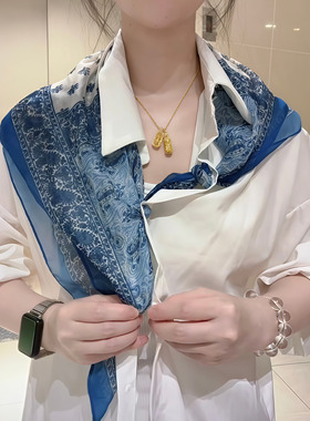 韩系蓝色涂鸦三角巾百搭衬衫外搭