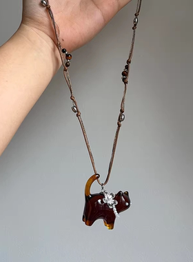 「猫伴朝夕」棕花朵猫咪珍珠项链