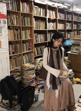 复古文艺风咖棕棉麻围巾氛围感