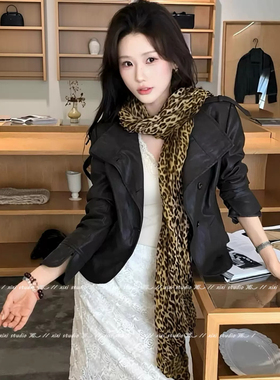 韩版米色豹纹长条丝巾高级感