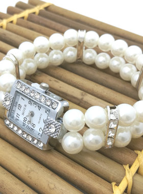 双排仿珍珠弹力绳串珠女士手链表镶钻石英手表ins