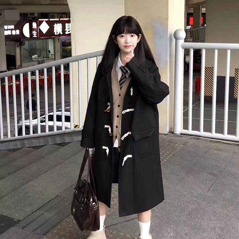 黑色加绒加厚秋冬季牛角扣毛呢大衣外套女呢子小个子英伦风赫本风,淘宝优惠券,粉丝福利购,淘宝优惠卷