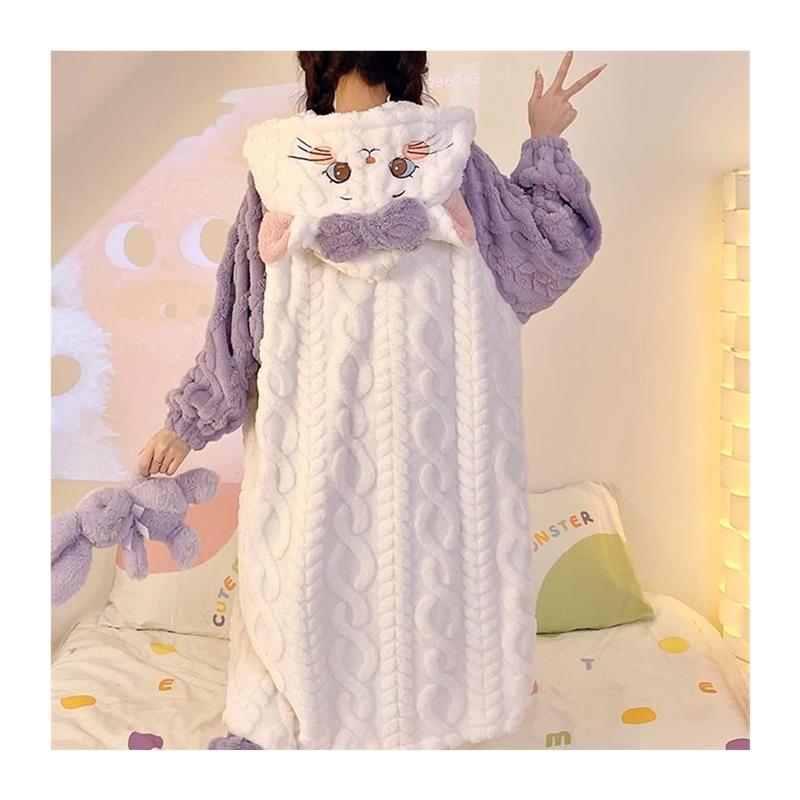 珊瑚绒秋冬季睡衣女加绒厚中长款裤子卡通舒棉袍可爱家居服套装 - 图3