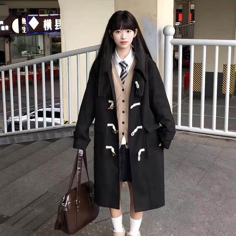 黑色加绒加厚秋冬季牛角扣毛呢大衣外套女呢子小个子英伦风赫本风,淘宝优惠券,粉丝福利购,淘宝优惠卷